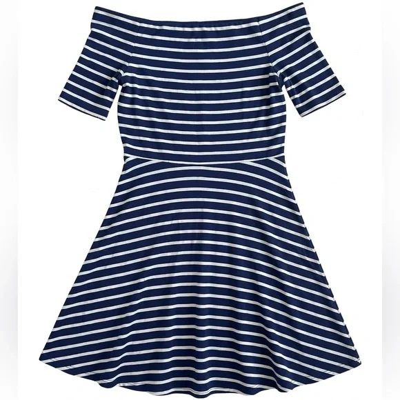 White House Black Market Striped Off-the-Shoulder Fit & Flare Dress
